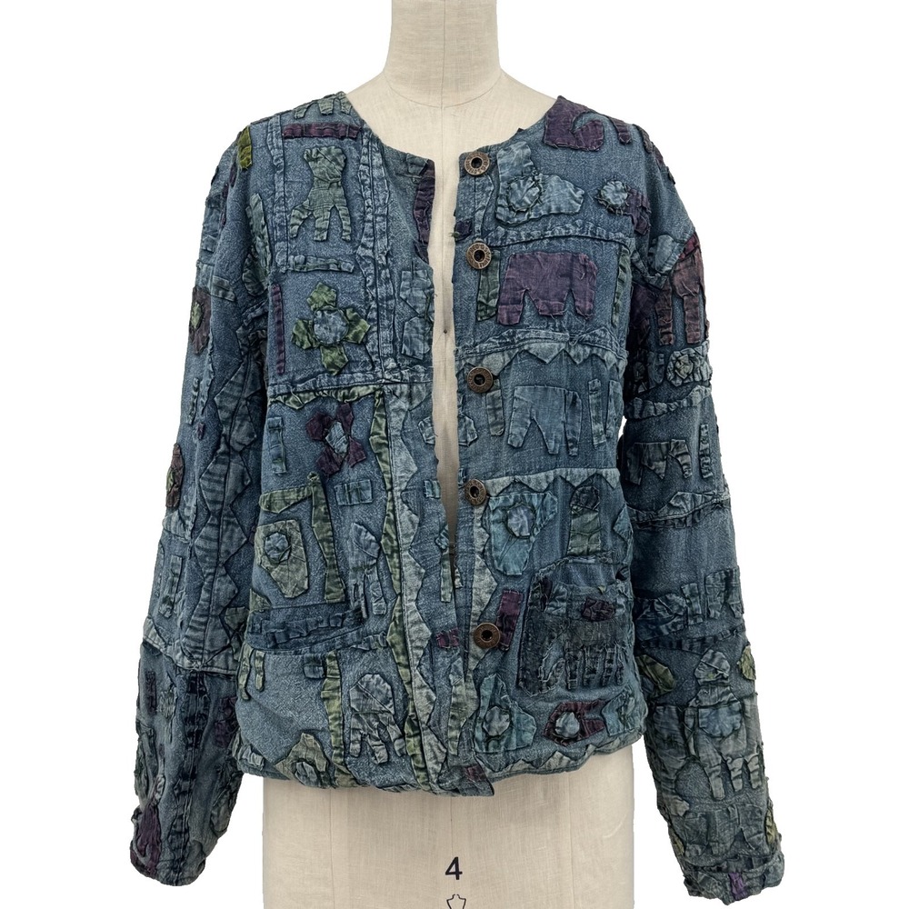 Sacred Threads Patchwork Art to Wear Elephants Quilted Jacket S Blue Boho Cotton
